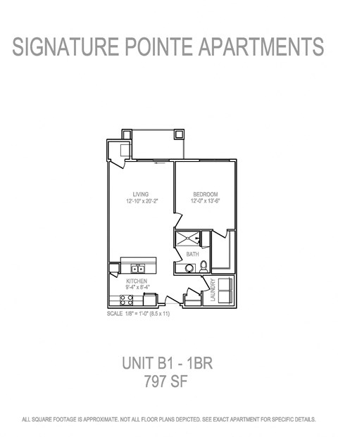 Floor plan for 1 bed, 1 bath, 797 sqft